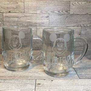 Set of 2 Vintage etched, Mickey Mouse Glass Mugs made in France